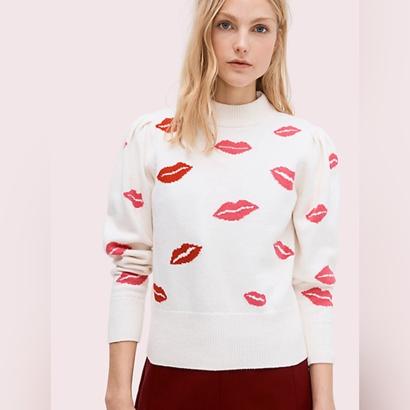 kate spade Sweaters - Kate Spade Lips Mockneck Sweater XL White/Pink/Red